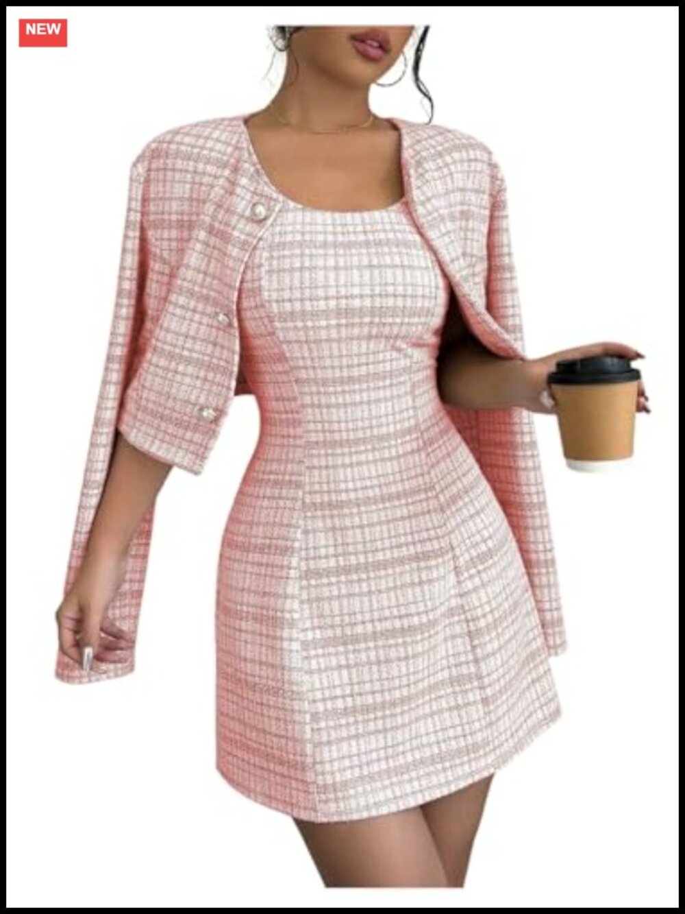 Plaid Cropped Jacket Dress Set - 2 Piece Long Sleeve Button Front